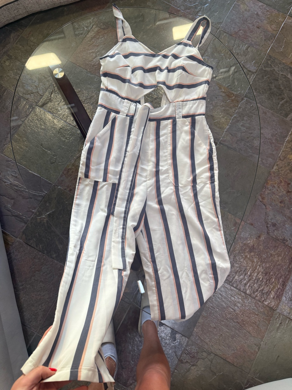 Crystal Doll Cream Jumpsuit with Navy & Pink Stripes